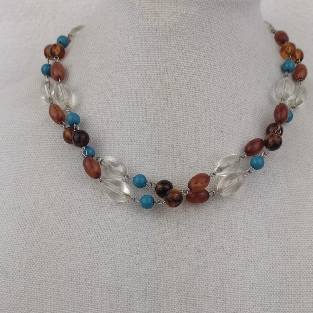 Multicolor Turquoise, Black, Rootbeer & Clear Bead Long Necklace/Bracelet